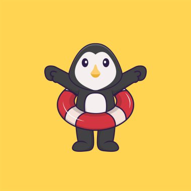 Şamandıra kullanan sevimli bir penguen. Hayvan çizgi film kavramı izole edildi. Tişört, tebrik kartı, davetiye kartı ya da maskot olarak kullanılabilir..