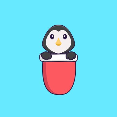 Kırmızı cebinde şirin bir penguen. Hayvan çizgi film kavramı izole edildi. Tişört, tebrik kartı, davetiye kartı ya da maskot olarak kullanılabilir..
