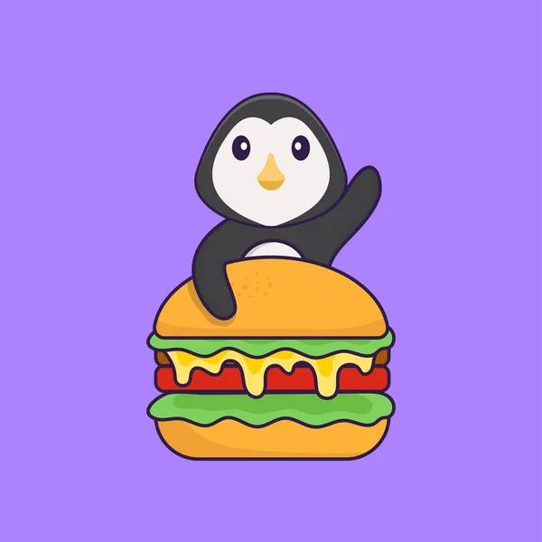 Cute Penguin Eating Burger Animal Cartoon Concept Isolated Can Used — Stock Vector