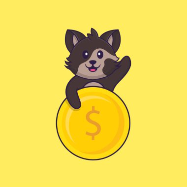 Bozuk para tutan sevimli bir kedi. Hayvan çizgi film kavramı izole edildi. Tişört, tebrik kartı, davetiye kartı ya da maskot olarak kullanılabilir..