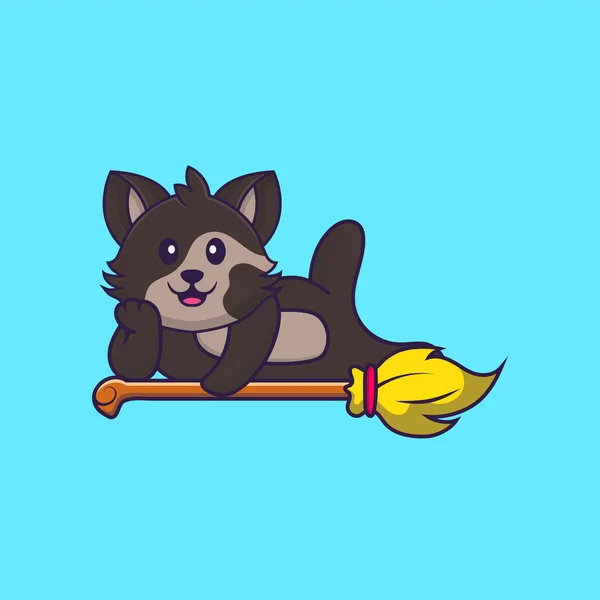 Mignon Chat Couché Sur Magic Broom Concept Dessin Animé Animal — Image vectorielle