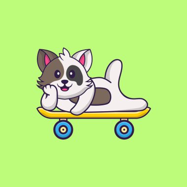 Kaykayın üzerinde yatan sevimli bir kedi. Hayvan çizgi film kavramı izole edildi. Tişört, tebrik kartı, davetiye kartı ya da maskot olarak kullanılabilir..