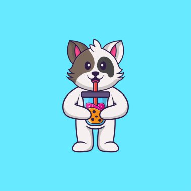 Şirin kedi Boba sütlü çay içiyor. Hayvan çizgi film kavramı izole edildi. Tişört, tebrik kartı, davetiye kartı ya da maskot olarak kullanılabilir..