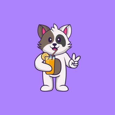 Cam içinde portakal suyu tutan sevimli bir kedi. Hayvan çizgi film kavramı izole edildi. Tişört, tebrik kartı, davetiye kartı ya da maskot olarak kullanılabilir..