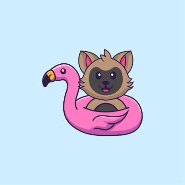 Flamingo şamandıralı şirin bir kedi. Hayvan çizgi film kavramı izole edildi. Tişört, tebrik kartı, davetiye kartı ya da maskot olarak kullanılabilir..