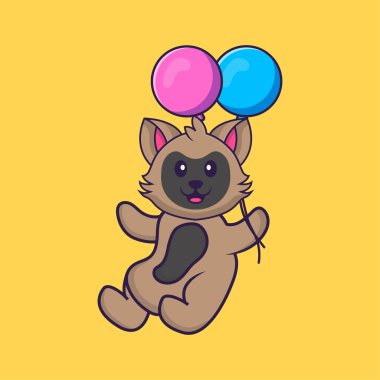 İki balonla uçan sevimli bir kedi. Hayvan çizgi film kavramı izole edildi. Tişört, tebrik kartı, davetiye kartı ya da maskot olarak kullanılabilir..
