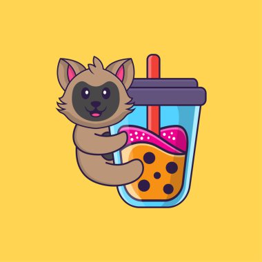 Şirin kedi Boba sütlü çay içiyor. Hayvan çizgi film kavramı izole edildi. Tişört, tebrik kartı, davetiye kartı ya da maskot olarak kullanılabilir..