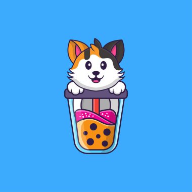 Şirin kedi Boba sütlü çay içiyor. Hayvan çizgi film kavramı izole edildi. Tişört, tebrik kartı, davetiye kartı ya da maskot olarak kullanılabilir..