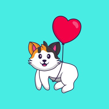 Aşk balonlarıyla uçan sevimli bir kedi. Hayvan çizgi film kavramı izole edildi. Tişört, tebrik kartı, davetiye kartı ya da maskot olarak kullanılabilir..