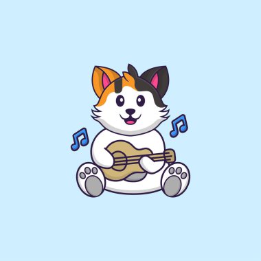 Gitar çalan sevimli bir kedi. Hayvan çizgi film kavramı izole edildi. Tişört, tebrik kartı, davetiye kartı ya da maskot olarak kullanılabilir..
