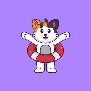 Şamandıra kullanan sevimli bir kedi. Hayvan çizgi film kavramı izole edildi. Tişört, tebrik kartı, davetiye kartı ya da maskot olarak kullanılabilir..
