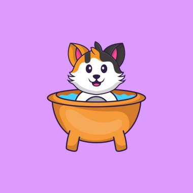 Küvette banyo yapan sevimli bir kedi. Hayvan çizgi film kavramı izole edildi. Tişört, tebrik kartı, davetiye kartı ya da maskot olarak kullanılabilir..