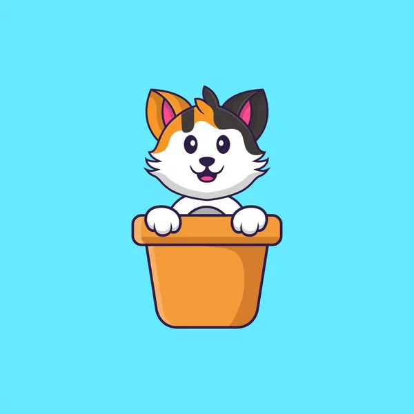 Nette Katze Einer Blumenvase Animal Cartoon Konzept Isoliert Kann Für — Stockvektor
