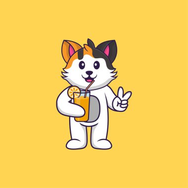Cam içinde portakal suyu tutan sevimli bir kedi. Hayvan çizgi film kavramı izole edildi. Tişört, tebrik kartı, davetiye kartı ya da maskot olarak kullanılabilir..