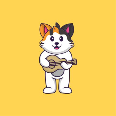 Gitar çalan sevimli bir kedi. Hayvan çizgi film kavramı izole edildi. Tişört, tebrik kartı, davetiye kartı ya da maskot olarak kullanılabilir..