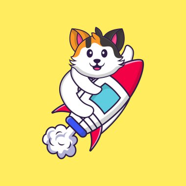Roketin üstünde uçan sevimli bir kedi. Hayvan çizgi film kavramı izole edildi. Tişört, tebrik kartı, davetiye kartı ya da maskot olarak kullanılabilir..