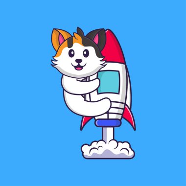 Roketin üstünde uçan sevimli bir kedi. Hayvan çizgi film kavramı izole edildi. Tişört, tebrik kartı, davetiye kartı ya da maskot olarak kullanılabilir..