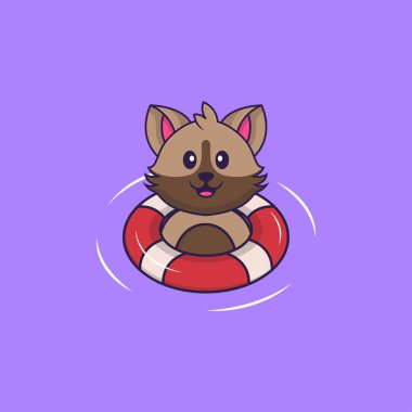 Şirin kedi şamandırayla yüzüyor. Hayvan çizgi film kavramı izole edildi. Tişört, tebrik kartı, davetiye kartı ya da maskot olarak kullanılabilir..