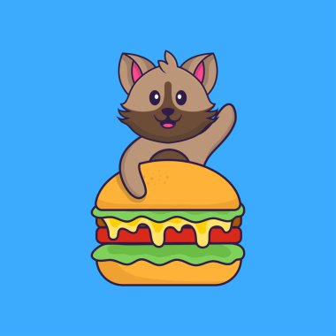 Tatlı kedi burger yiyor. Hayvan çizgi film kavramı izole edildi. Tişört, tebrik kartı, davetiye kartı ya da maskot olarak kullanılabilir..