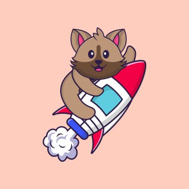 Roketin üstünde uçan sevimli bir kedi. Hayvan çizgi film kavramı izole edildi. Tişört, tebrik kartı, davetiye kartı ya da maskot olarak kullanılabilir..
