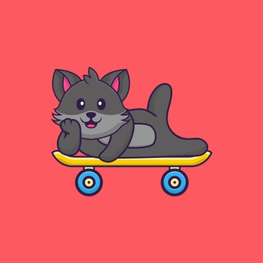 Kaykayın üzerinde yatan sevimli bir kedi. Hayvan çizgi film kavramı izole edildi. Tişört, tebrik kartı, davetiye kartı ya da maskot olarak kullanılabilir..