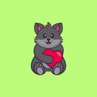 Kocaman kırmızı bir kalp tutan sevimli bir kedi. Hayvan çizgi film kavramı izole edildi. Tişört, tebrik kartı, davetiye kartı ya da maskot olarak kullanılabilir..