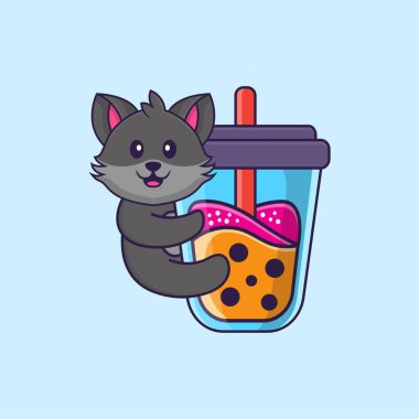 Şirin kedi Boba sütlü çay içiyor. Hayvan çizgi film kavramı izole edildi. Tişört, tebrik kartı, davetiye kartı ya da maskot olarak kullanılabilir..