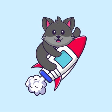 Roketin üstünde uçan sevimli bir kedi. Hayvan çizgi film kavramı izole edildi. Tişört, tebrik kartı, davetiye kartı ya da maskot olarak kullanılabilir..