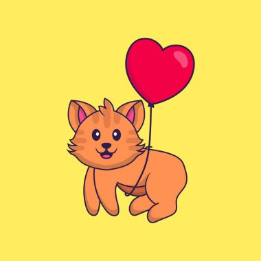 Aşk balonlarıyla uçan sevimli bir kedi. Hayvan çizgi film kavramı izole edildi. Tişört, tebrik kartı, davetiye kartı ya da maskot olarak kullanılabilir..
