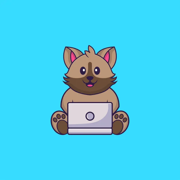 Chat Mignon Utilisant Ordinateur Portable Concept Dessin Animé Animal Isolé — Image vectorielle