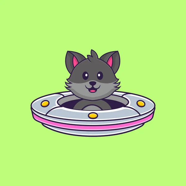 Lindo Gato Conduciendo Nave Espacial Ufo Animal Concepto Dibujos Animados — Vector de stock