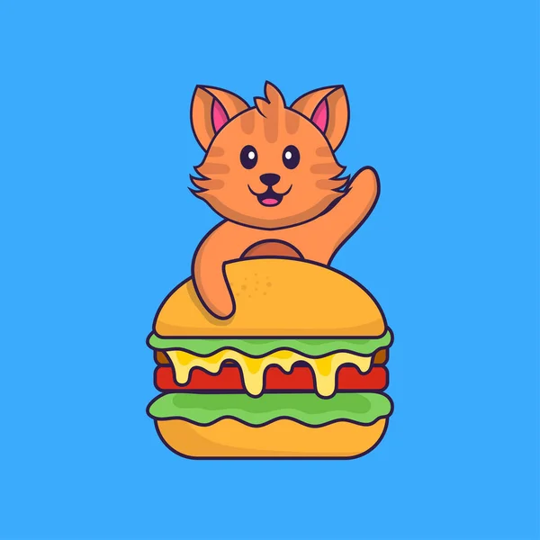 Gato Bonito Comer Hambúrguer Animal Desenho Animado Conceito Isolado Pode — Vetor de Stock