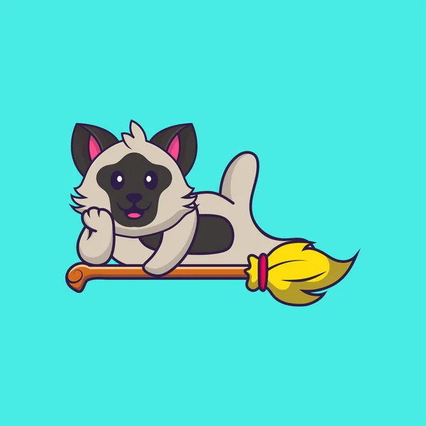 Niedliche Katze Liegt Auf Magic Broom Animal Cartoon Konzept Isoliert — Stockvektor