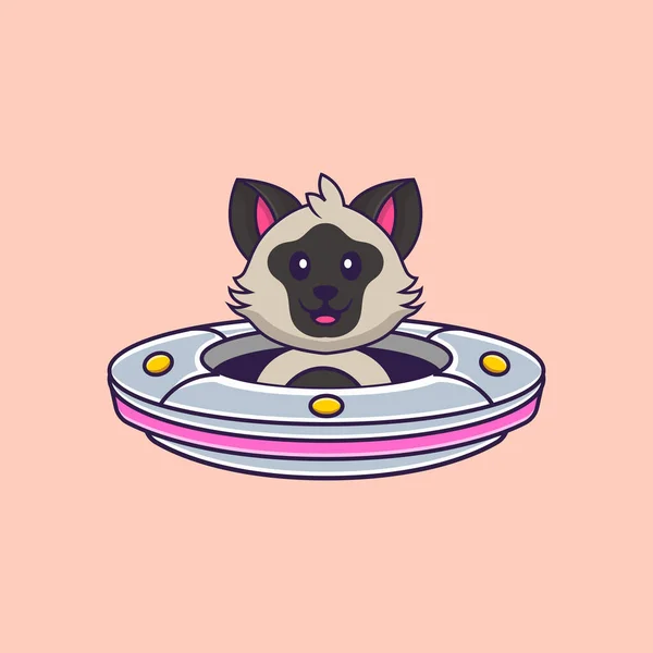 Niedliche Katze Fährt Raumschiff Ufo Animal Cartoon Konzept Isoliert Kann — Stockvektor