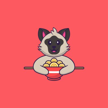 Erişte yiyen sevimli kedi. Hayvan çizgi film kavramı izole edildi. Tişört, tebrik kartı, davetiye kartı ya da maskot olarak kullanılabilir..