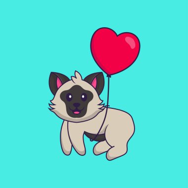 Aşk balonlarıyla uçan sevimli bir kedi. Hayvan çizgi film kavramı izole edildi. Tişört, tebrik kartı, davetiye kartı ya da maskot olarak kullanılabilir..