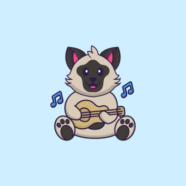 Gitar çalan sevimli bir kedi. Hayvan çizgi film kavramı izole edildi. Tişört, tebrik kartı, davetiye kartı ya da maskot olarak kullanılabilir..