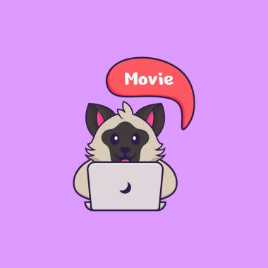 Şirin kedi film izliyor. Hayvan çizgi film kavramı izole edildi. Tişört, tebrik kartı, davetiye kartı ya da maskot olarak kullanılabilir..