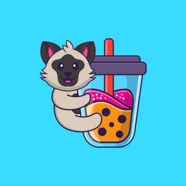 Şirin kedi Boba sütlü çay içiyor. Hayvan çizgi film kavramı izole edildi. Tişört, tebrik kartı, davetiye kartı ya da maskot olarak kullanılabilir..