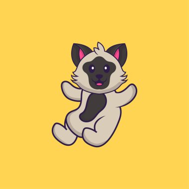 Şirin kedi uçuyor. Hayvan çizgi film kavramı izole edildi. Tişört, tebrik kartı, davetiye kartı ya da maskot olarak kullanılabilir..