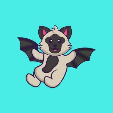 Şirin kedi kanatlarıyla uçuyor. Hayvan çizgi film kavramı izole edildi. Tişört, tebrik kartı, davetiye kartı ya da maskot olarak kullanılabilir..