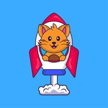 Roketin üstünde uçan sevimli bir kedi. Hayvan çizgi film kavramı izole edildi. Tişört, tebrik kartı, davetiye kartı ya da maskot olarak kullanılabilir..