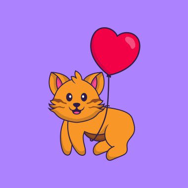 Aşk balonlarıyla uçan sevimli bir kedi. Hayvan çizgi film kavramı izole edildi. Tişört, tebrik kartı, davetiye kartı ya da maskot olarak kullanılabilir..