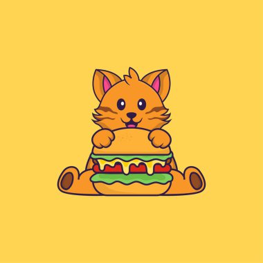 Tatlı kedi burger yiyor. Hayvan çizgi film kavramı izole edildi. Tişört, tebrik kartı, davetiye kartı ya da maskot olarak kullanılabilir..