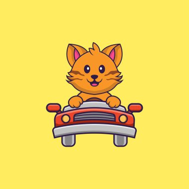 Şirin kedi sürüyor. Hayvan çizgi film kavramı izole edildi. Tişört, tebrik kartı, davetiye kartı ya da maskot olarak kullanılabilir..