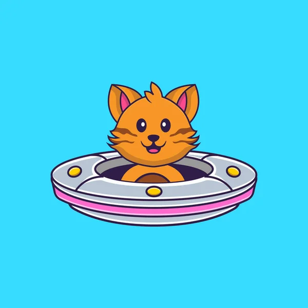 かわいい猫の運転宇宙船Ufo 動物の漫画の概念は孤立した Tシャツ グリーティングカード 招待カード マスコットに使用できます — ストックベクタ