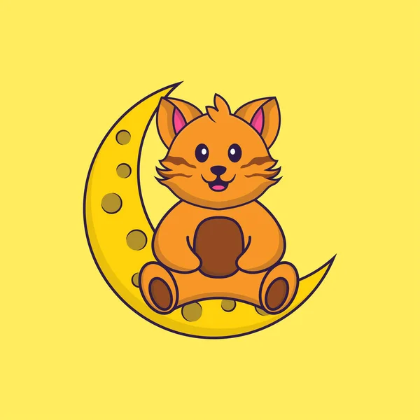 Lindo Gato Está Sentado Luna Animal Concepto Dibujos Animados Aislado — Vector de stock