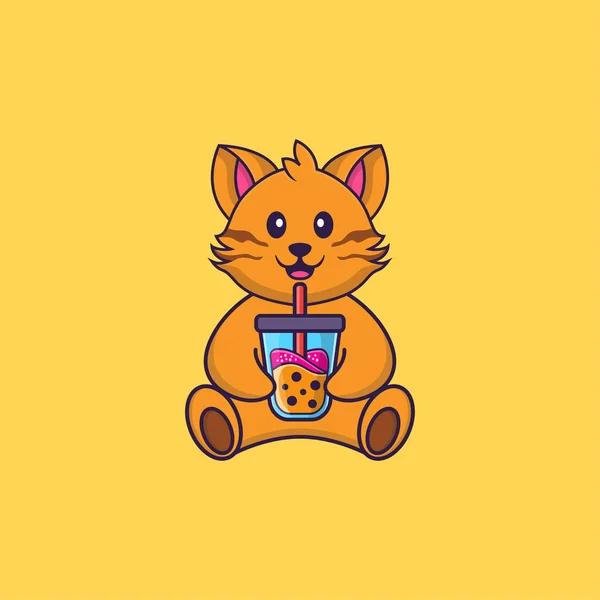 Lindo Gato Bebiendo Leche Boba Animal Concepto Dibujos Animados Aislado — Vector de stock