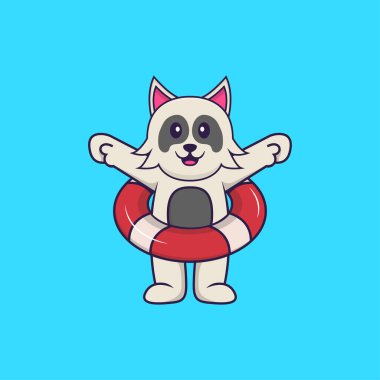 Şamandıra kullanan sevimli bir köpek. Hayvan çizgi film kavramı izole edildi. Tişört, tebrik kartı, davetiye kartı ya da maskot olarak kullanılabilir..