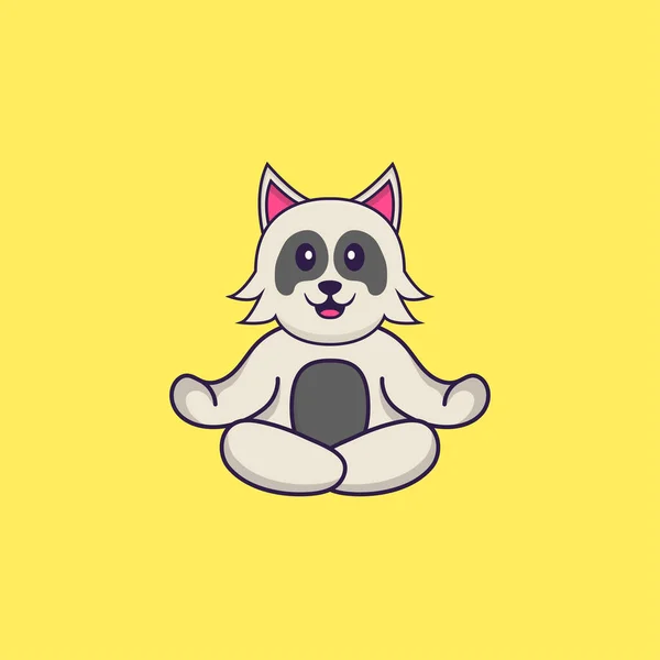 かわいい犬は瞑想やヨガをしています 動物の漫画の概念は孤立した Tシャツ グリーティングカード 招待カード マスコットに使用できます — ストックベクタ